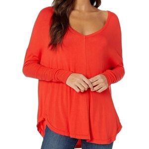 Free People Bright Red Long Sleeve V-Neck Top